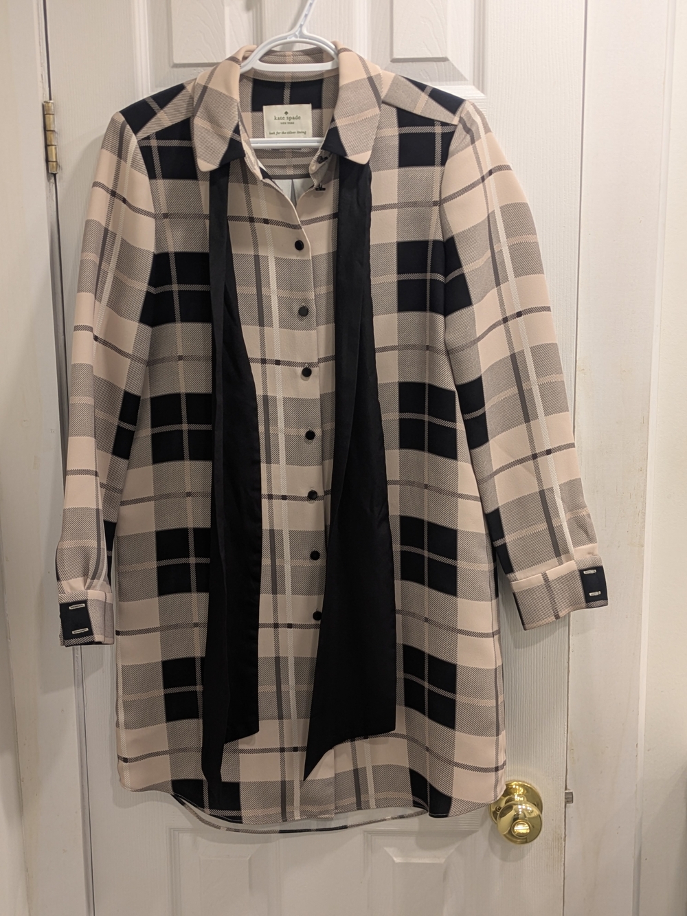 kate spade Plaid Button-Down Tunic Coat in Beige & Black